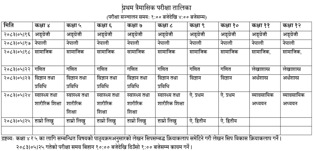 शै.व. २०८३ को प्रथम त्रैमासिक परीक्षाको परीक्षा-तालिका