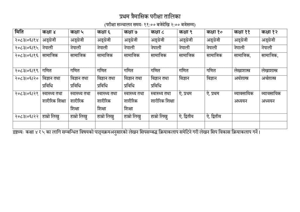 पहिलो त्रैमासिक परीक्षाको संशोधित तालिका